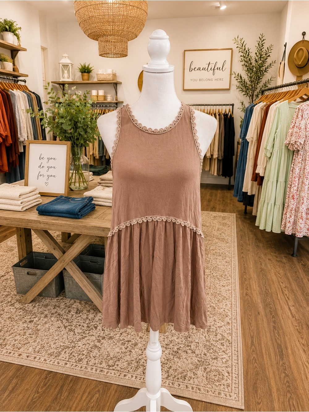 POL Taupe Lace Trim Sleeveless Mini Dress Tunic Boho Rayon Size Small